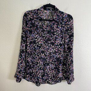 Express Womens Medium Floral Sheer Button Up Blouse Roll Tab Sleeve Shirt Top